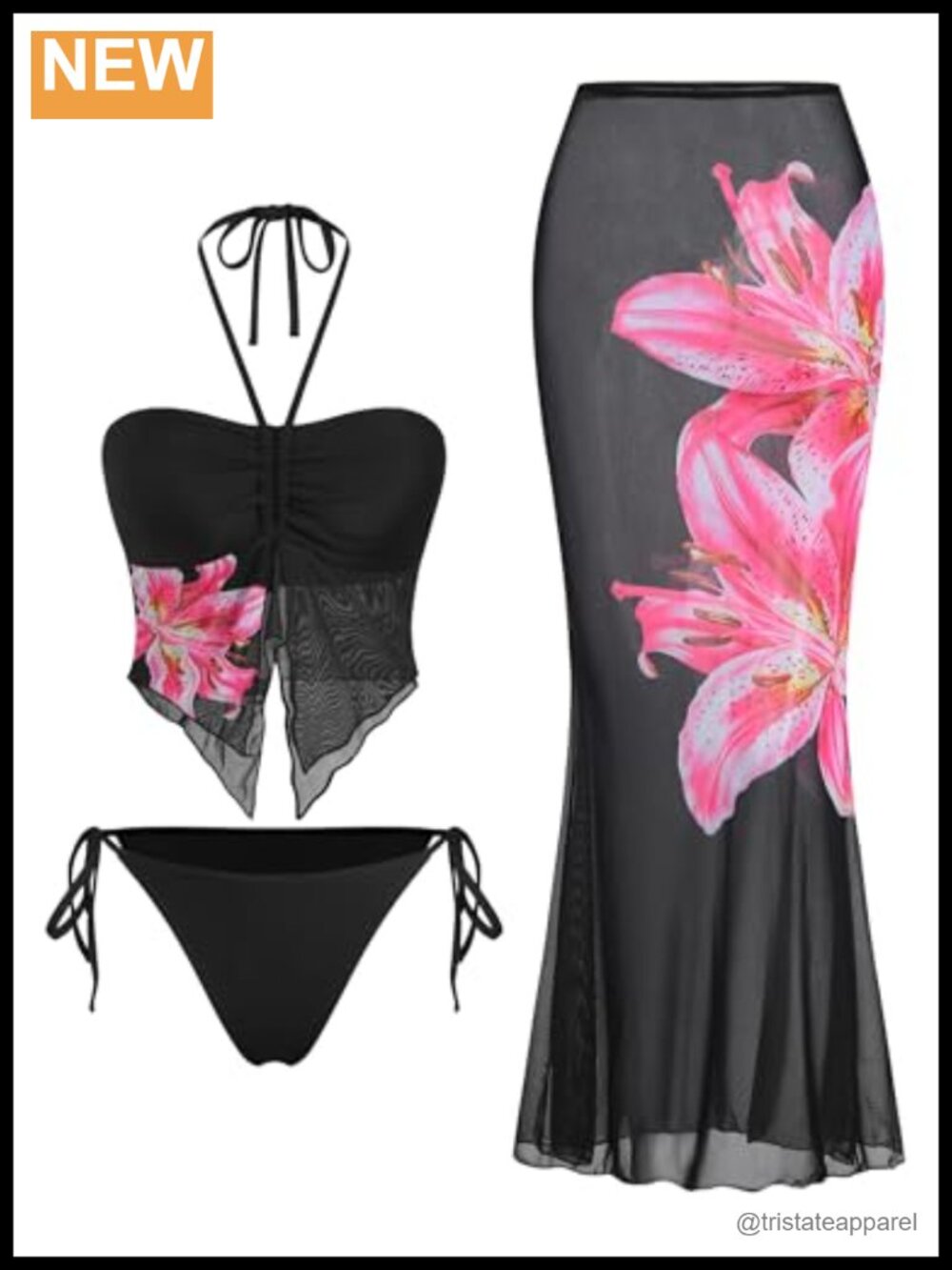Women's 3 Piece Bikini Set with Sheer Mesh Cover Up Skirt Halter Bandeau